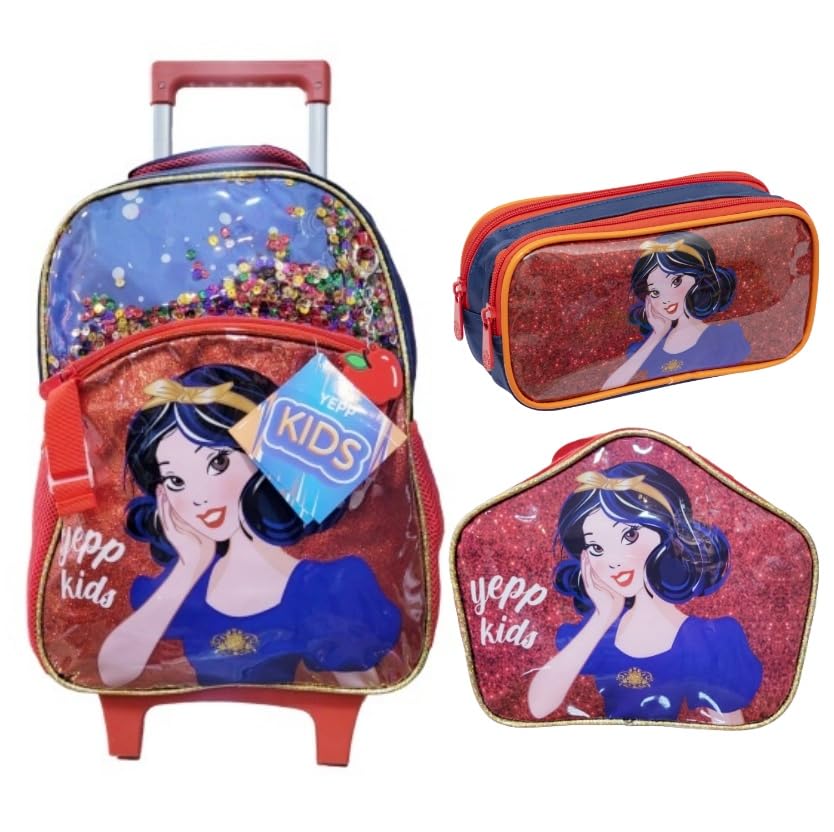 Kit Escolar Mochila de Rodinha Lancheira Térmica e Estojo Duplo Princesa Branca de Neve Yepp MIF5330 (Vermelho)