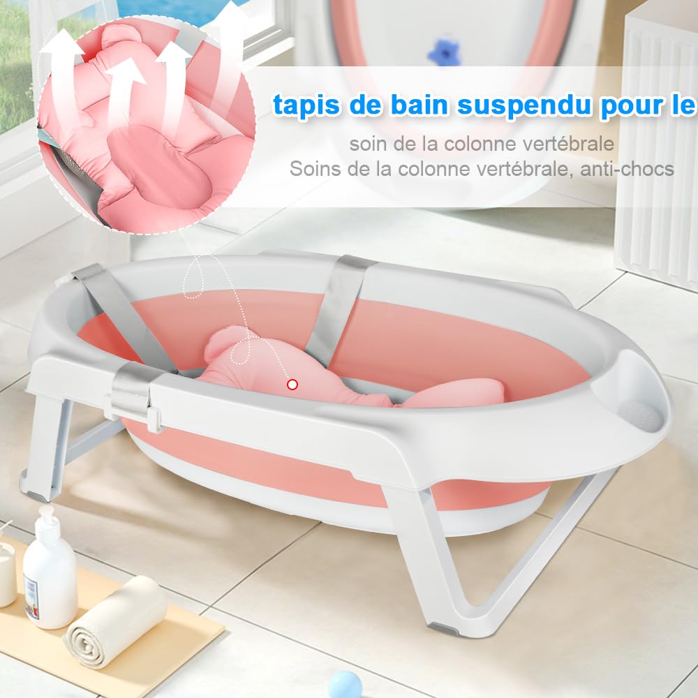 Bañera para bebé con soporte de 84,5 cm, bañera de bebe sobre pie, segura y cómoda, cuenca plegable para bebe con termómetro y cojín de baño (63 x 60 x 84,5 cm), color rosa