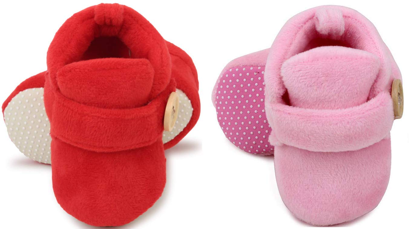 superminis Baby Girls And Baby Boys Velvet Soft Base Booties/Shoes With Wooden Button, Pack of 2 (0-6 Months, Red And Pink) (B08TVSZGCJ) Amazon Price History, Amazon Price Tracker