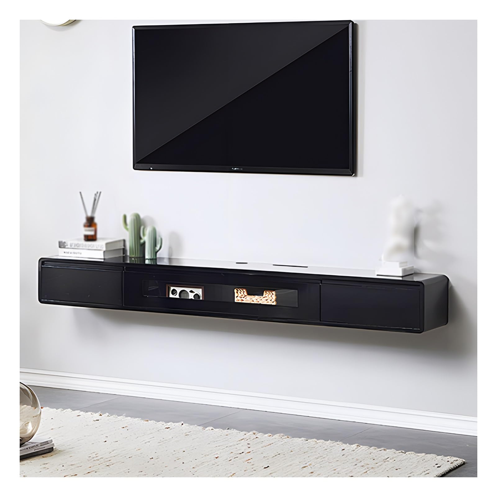 Mobile TV sospeso moderno da parete con cassetti, porta in vetro e console multimediale di intrattenimento, ideale per soggiorno, camera da letto o decorazione per sala multimediale, design elegante