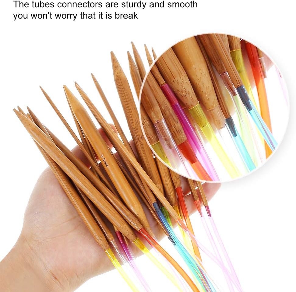Knitting Needles Set- RELIAN 36 Pcs 18 Sizes Single Pointed Bamboo Knitting Needles + 18 Pairs 18 Sizes Circular Knitting Needles with Colored Tube +Weaving Tools Knitting Kits