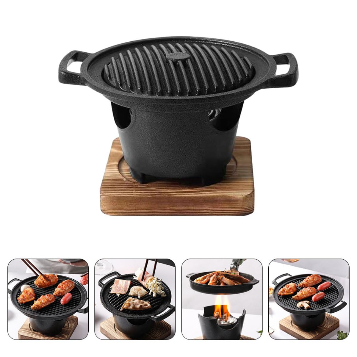 Wewnętrzny grill bezdymny piec na węgiel drzewny z koreańską patelnią grillową i mini stojakiem do grillowania – kompaktowy system gotowania na drewnianej podstawie do spotkań rodzinnych