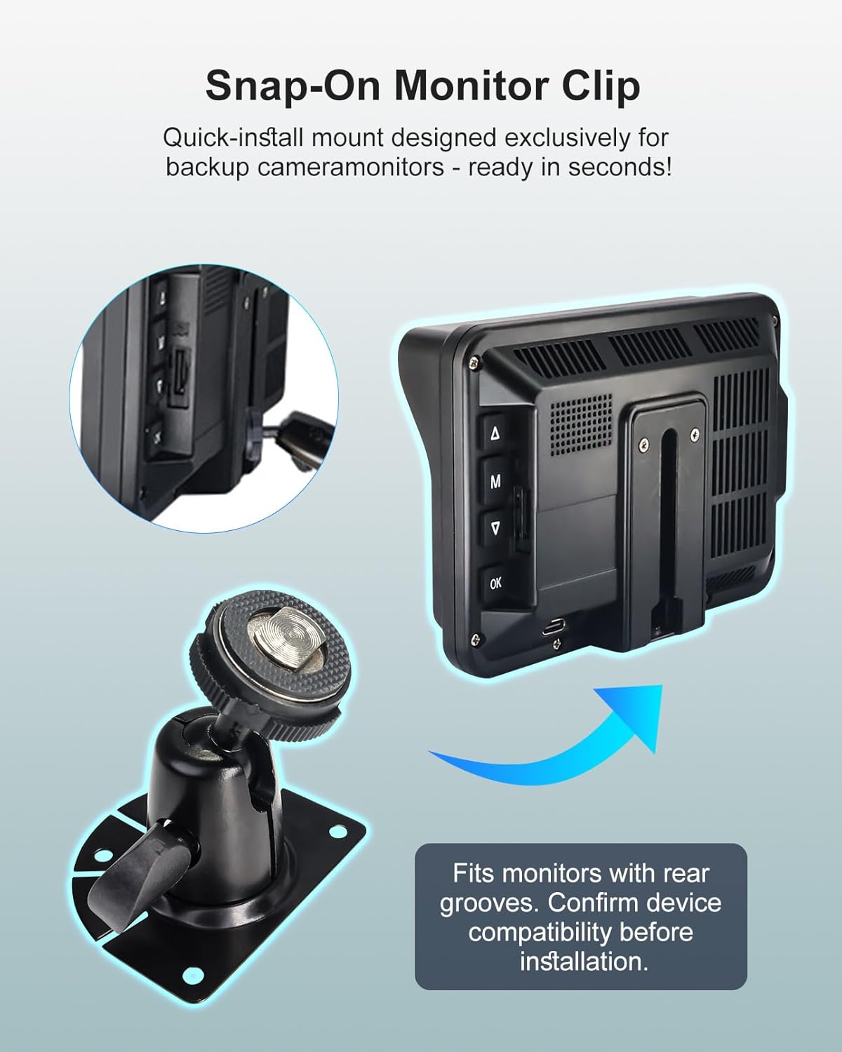 Fan-Shaped Mount for Backup Camera Monitor System - Universal Reverse View Bracket for Car RV Truck Van Display, Metal Construction, Double-Sided Tape, No Drill Easy Install
