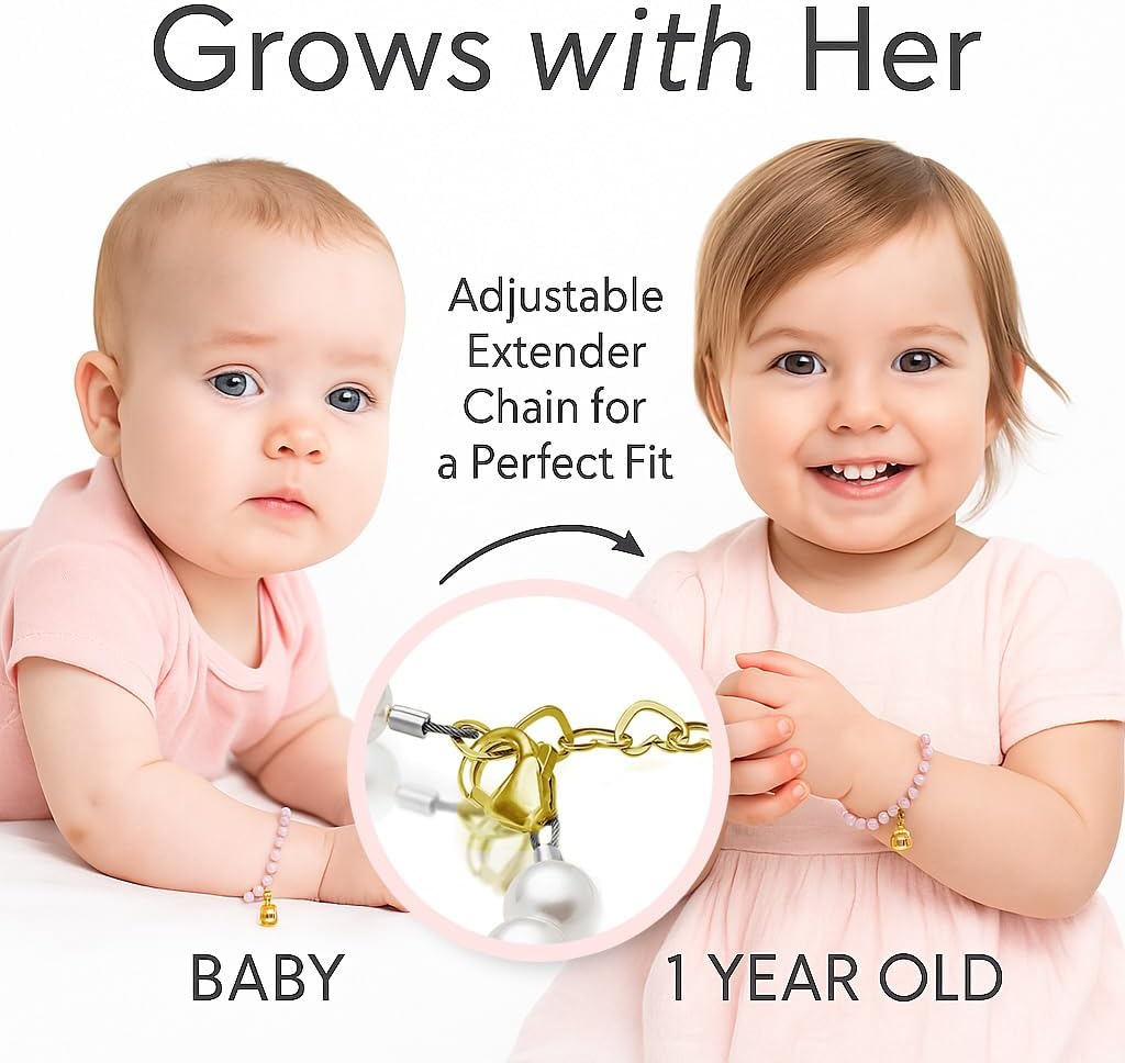 Baby Crystals 14K Gold Plated Personalized Initial Bracelet for Baby Girl with Freshwater Pearls – Newborn Infant Toddler Teen, Birthday Baptism Baby Shower Jewelry Gift