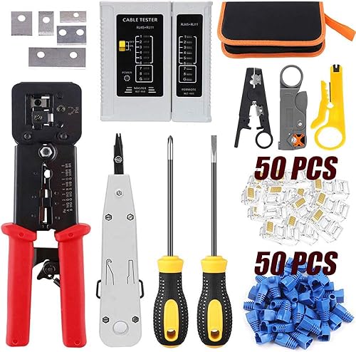LEATBUY RJ45 Juego de herramientas de crimpado para RJ11RJ12 Kit de crimpado Ethernet CAT5CAT6 para pasar a través de 50 conectores, 50 cubiertas de