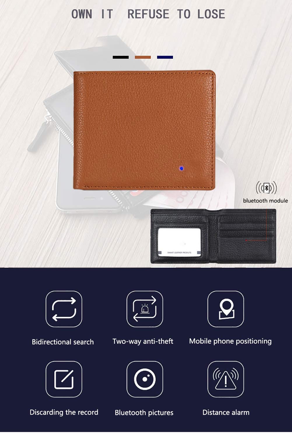 Smart Wallet Antifurto, Allarme Anti-Perdita con Bluetooth 4.0 per Uomo Pelle Nera, Batteria Ricaricabile, Porta Carte Regalo da Uomo,Nero