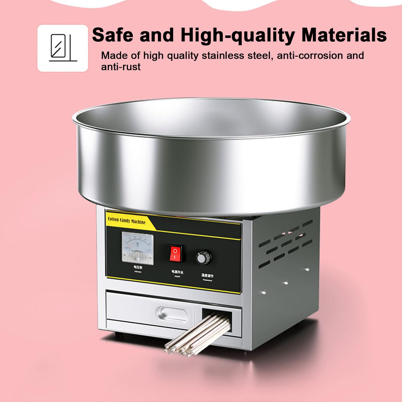 Máquina Eléctrica Comercial Algodón Caramelo, Máquina Algodón Azúcar DIY 1200 W, Control Termostato para Hacer Dulces Fiestas Cumpleaños,Silver