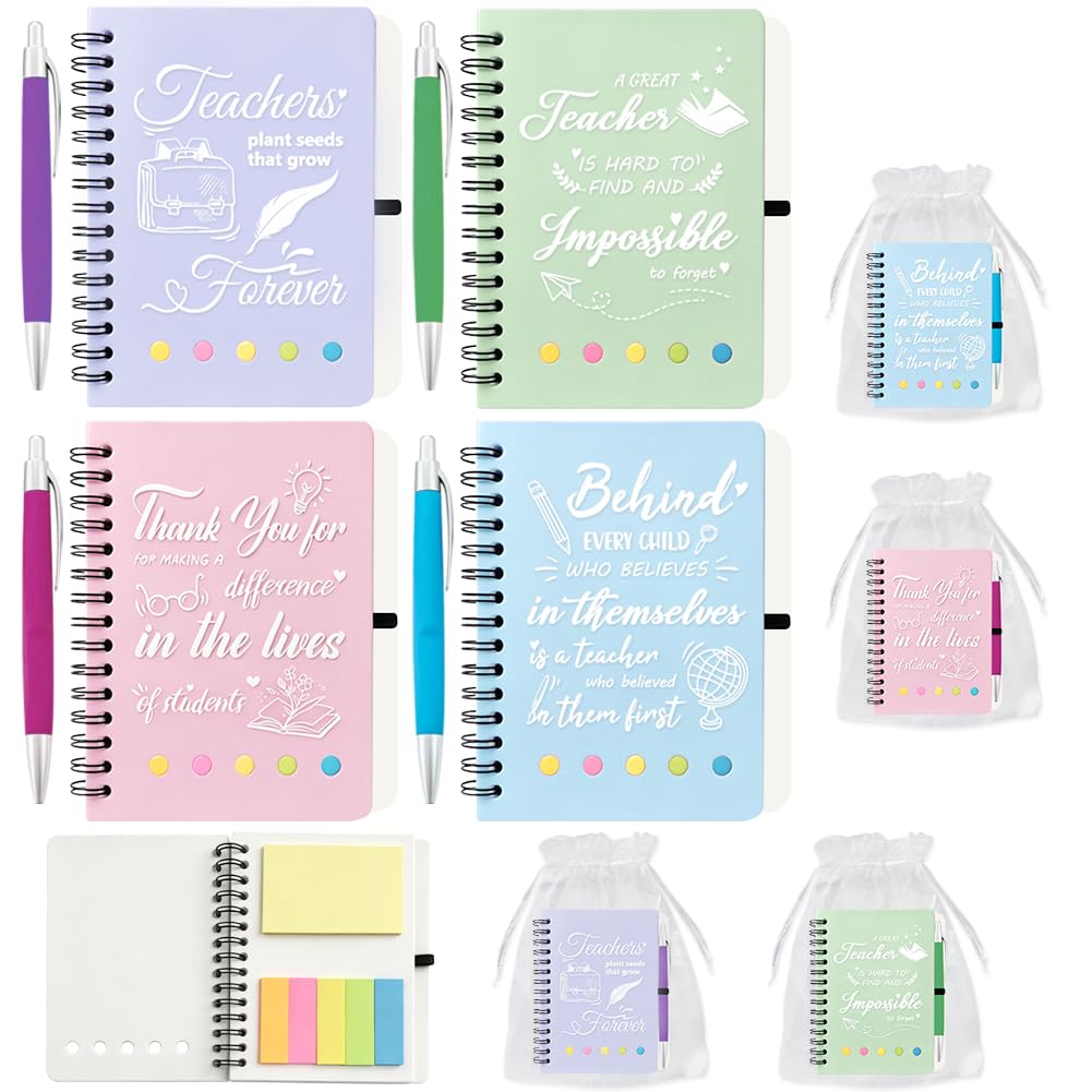sokey 4 Sets Thank You Teacher Gifts，With Pen and Organza Bag，Leaving Gifts for Teachers Friends Coworkers/Graduation season gifts (Blue Green Grey Purple)