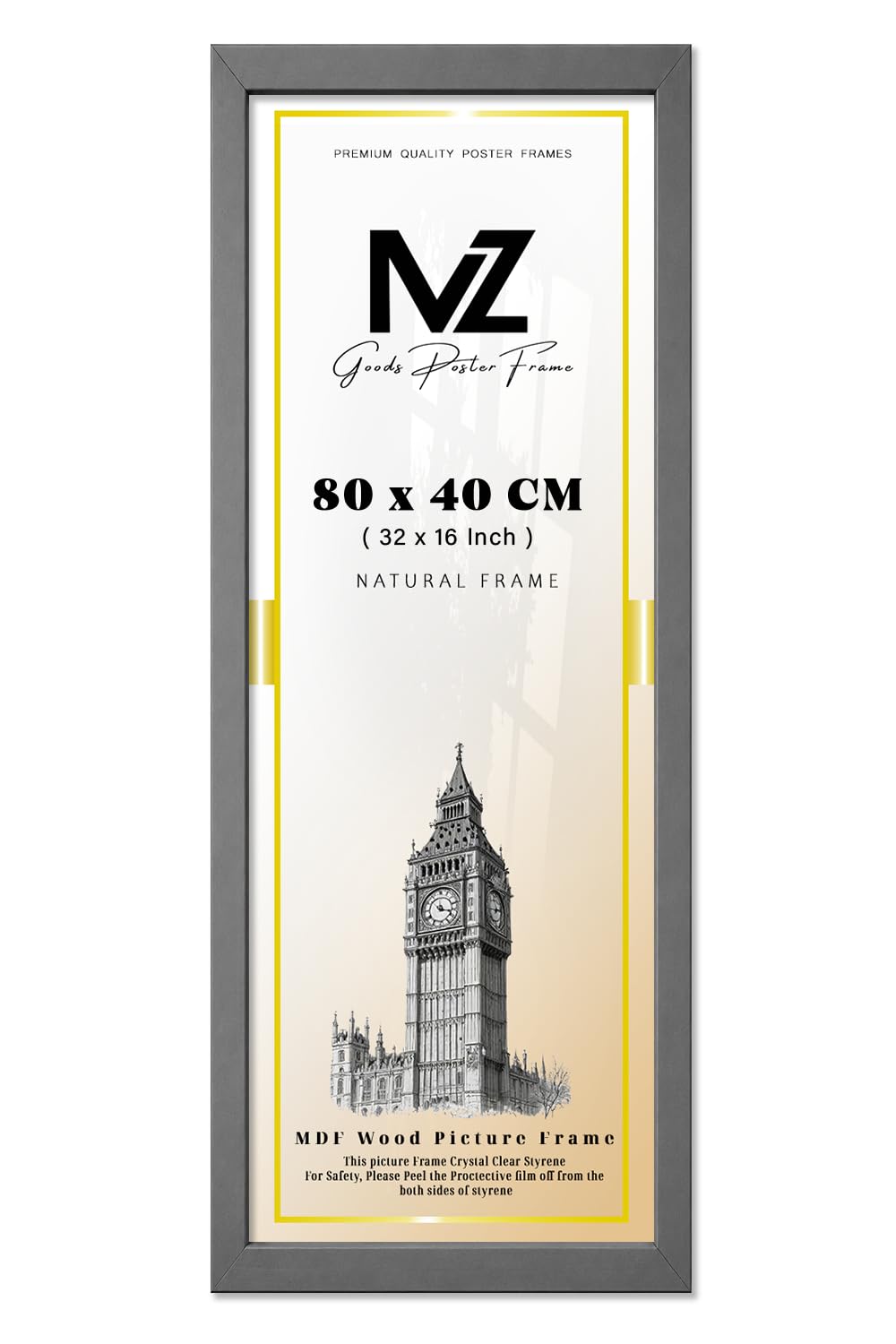 MZ GOODS | MDF Picture Frame (80 x 40 CM) 16 x 32 for Posters, Artwork & Wall Décor, Elegant MDF Finish, Secure Hanging Hooks Included [ Dark Grey ]