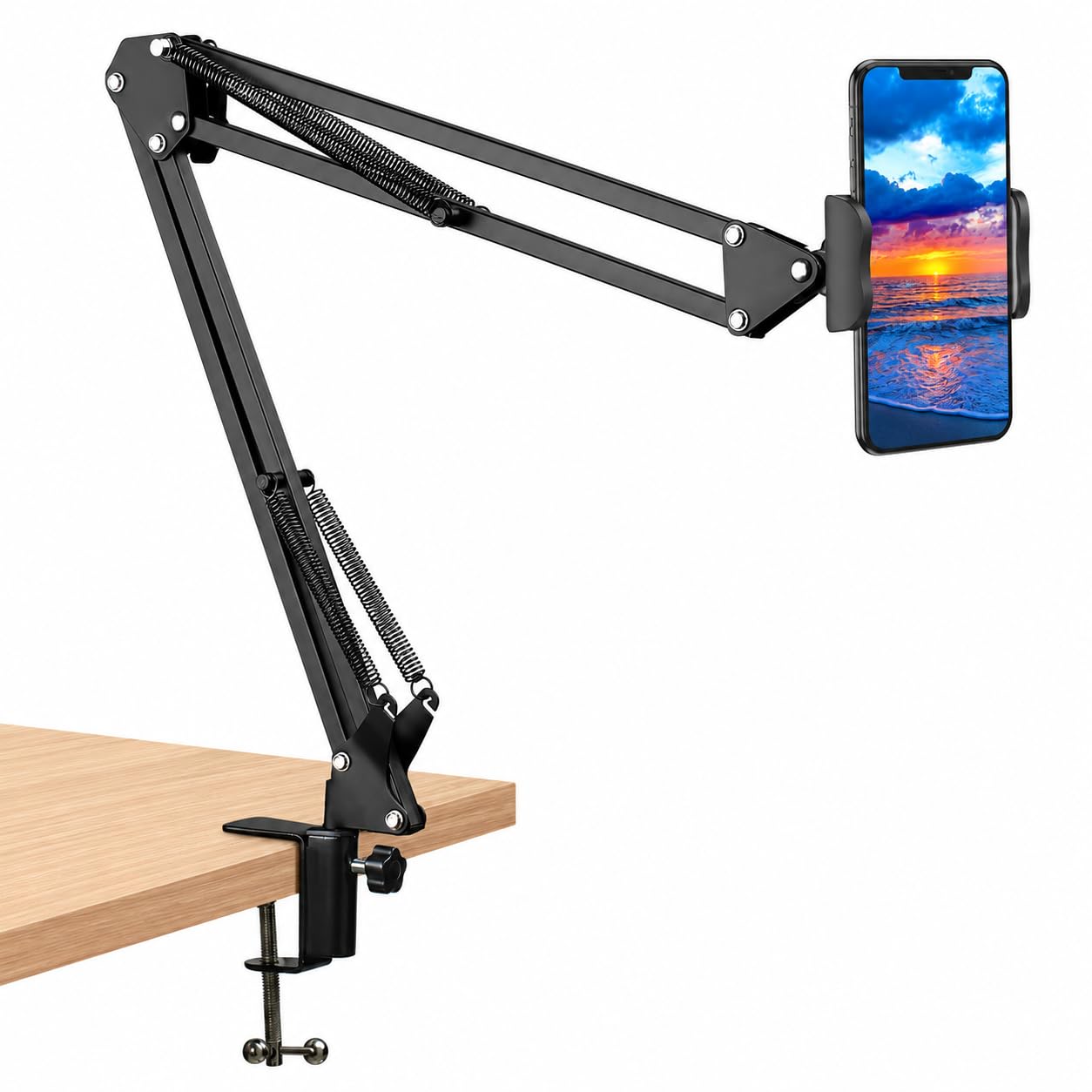 universal overhead phone stand with adjustable rotating arm & desk clamp, 360° flexible phone holder for top-down photography, video recording, live streaming & content creation