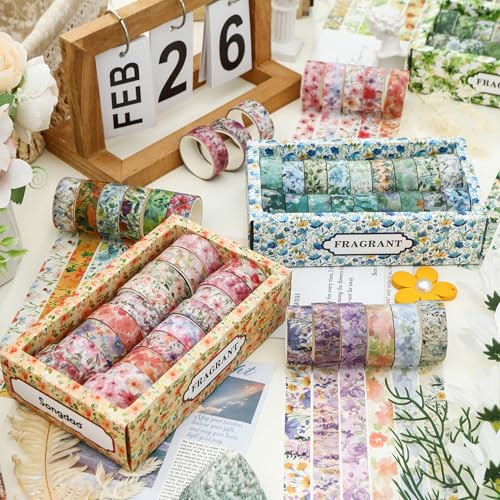Songdao Zestaw taśm Washi z motywem kwiatów, 18 rolek, kolorowa, do scrapbookingu, pamiętnika, planera, pakowania prezentów (Ocean Breeze)