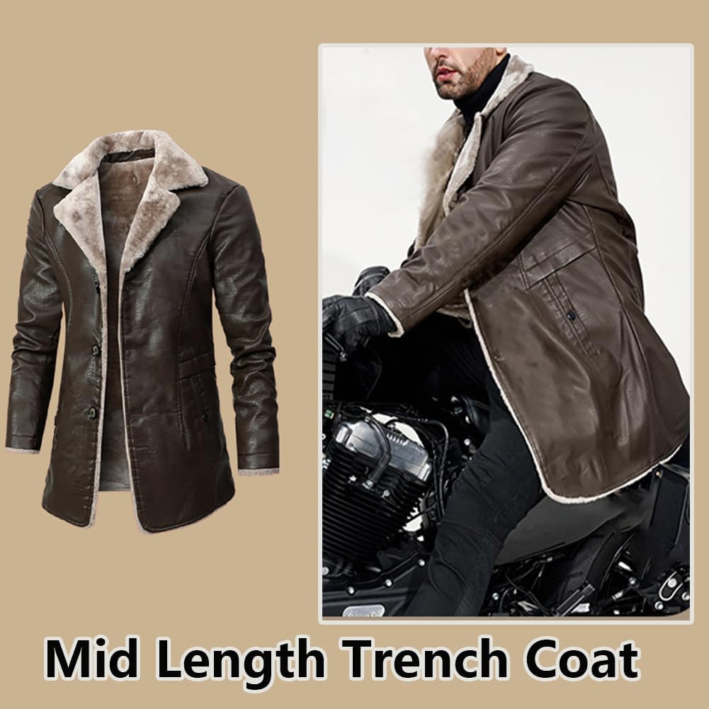 Men's Faux Leather Jacket Thick Faux Fur Shearling Lapel Collar Botton Down Long Trench Coats Black Brown - Image 2