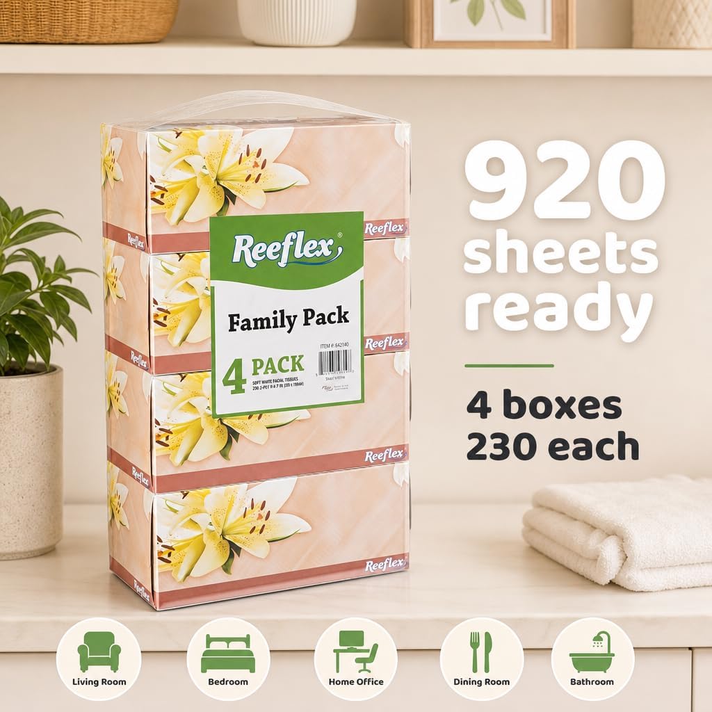 Reeflex Facial Tissues, 2-Ply Soft Facial Tissue - 4 Boxes, 230 Sheets Per Box (920 Total Sheets), Gentle & Durable Tissue Boxes Bulk for Home, Office & Travel