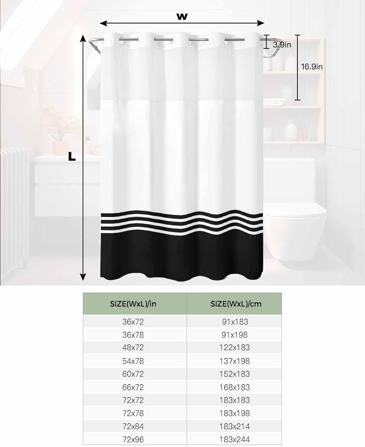 No Hook Shower Curtain with Snap in Liner Set Black White Stripes Shower Curtains for Bathroom Waterproof Fabric Minimalist Bath Curtain with See Through Mesh Top Window for Hotel Spa Decor 60x72 Inch