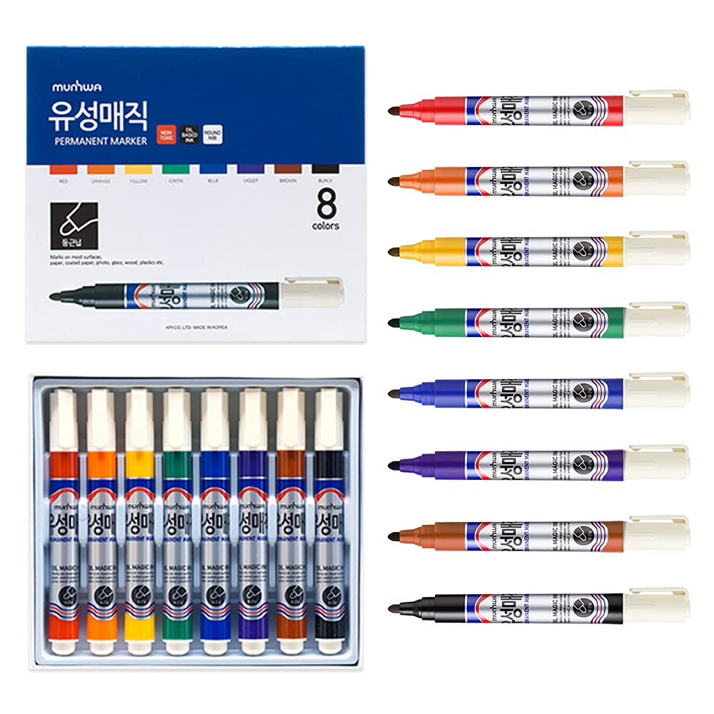 MunhwaPermanent Markers Pens, 8 Colors, Medium Point, Alcohol-Based Markers, Perfect on Almost Surface, for Art Craft Stone Ceramic Glass Wood Canvas Plastic Metal & Etc. (2.5mm) ????, Multicolor