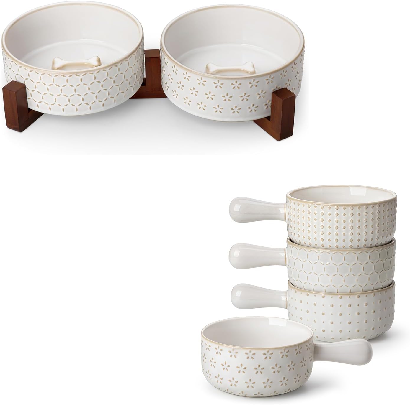 MALACASA Dog Bowl Set with Walnut Wood Stand, 3.5 Cups Ceramic Pet Bowls for Puppy Dogs, French Onion Soup Bowls with Handles