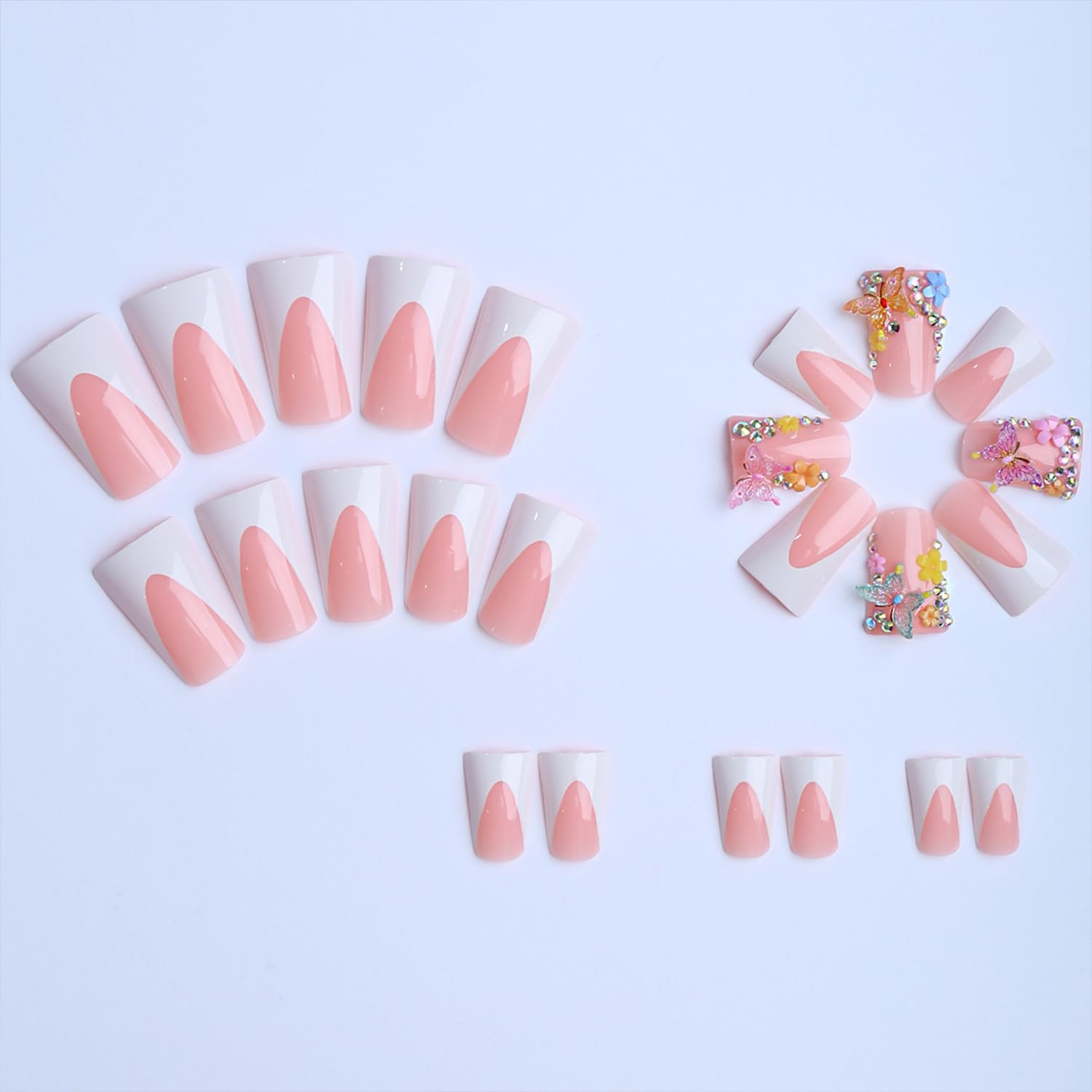 Flower Press On Nails Medium Square Gold Pearl Star Nude Pink_voghion.com