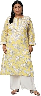 indiankala4u Women's Plus Size Mulmul Cotton Lucknowi Chikankari Kurta | Floral Printed Hand Embroidered Ethnic Tunic