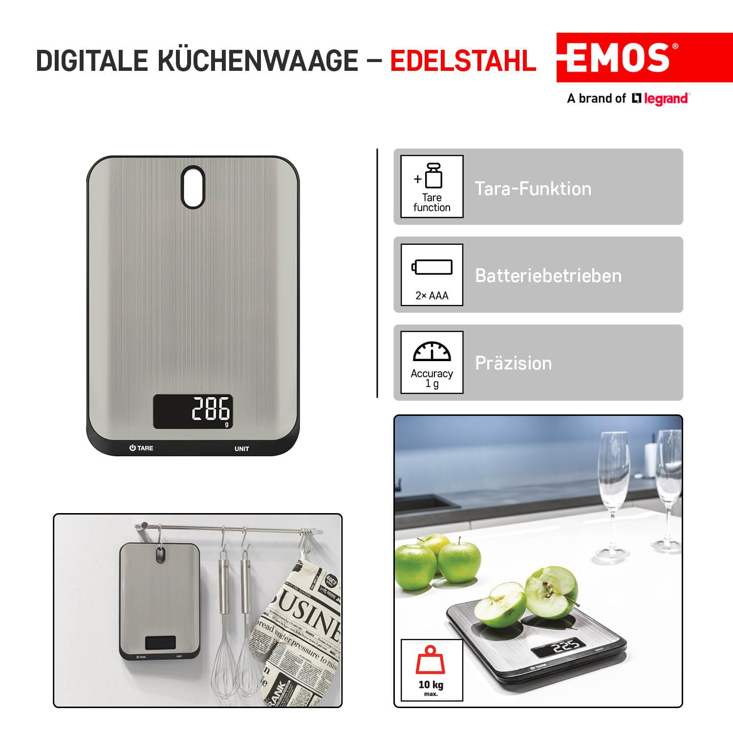 Bilancia Da Cucina Digitale EMOS - 10 Kg Max, Precisione 1 G, Con