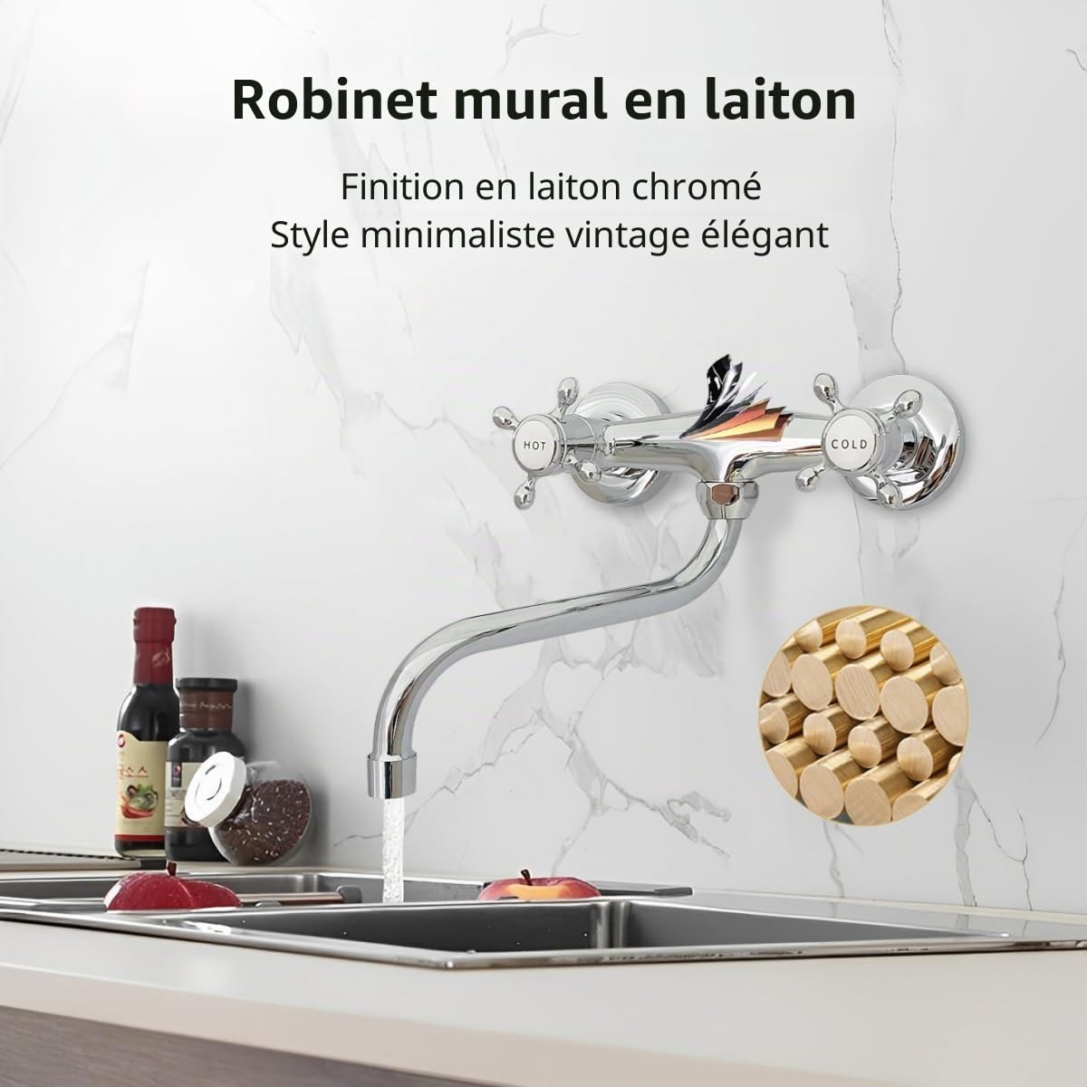 Robinet de Cuisine Mural Chromé, Mitigeur d'évier Cuisine de Murale, Robinets Mélangeurs Double Poignée Froide et Chaude Rotatif à 360° avec Bec Long pour Salle de Bain Buanderie