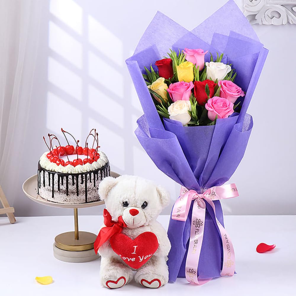 FlowerAura Premium Combo of Fresh Live 10 Mix Rose Flower Bouquet With 500g Black Forest Cake & Cute Teddy For Birthday | Anniversary | Valentine's Day | New Year | Christmas (Same Day Delivery)-image-8