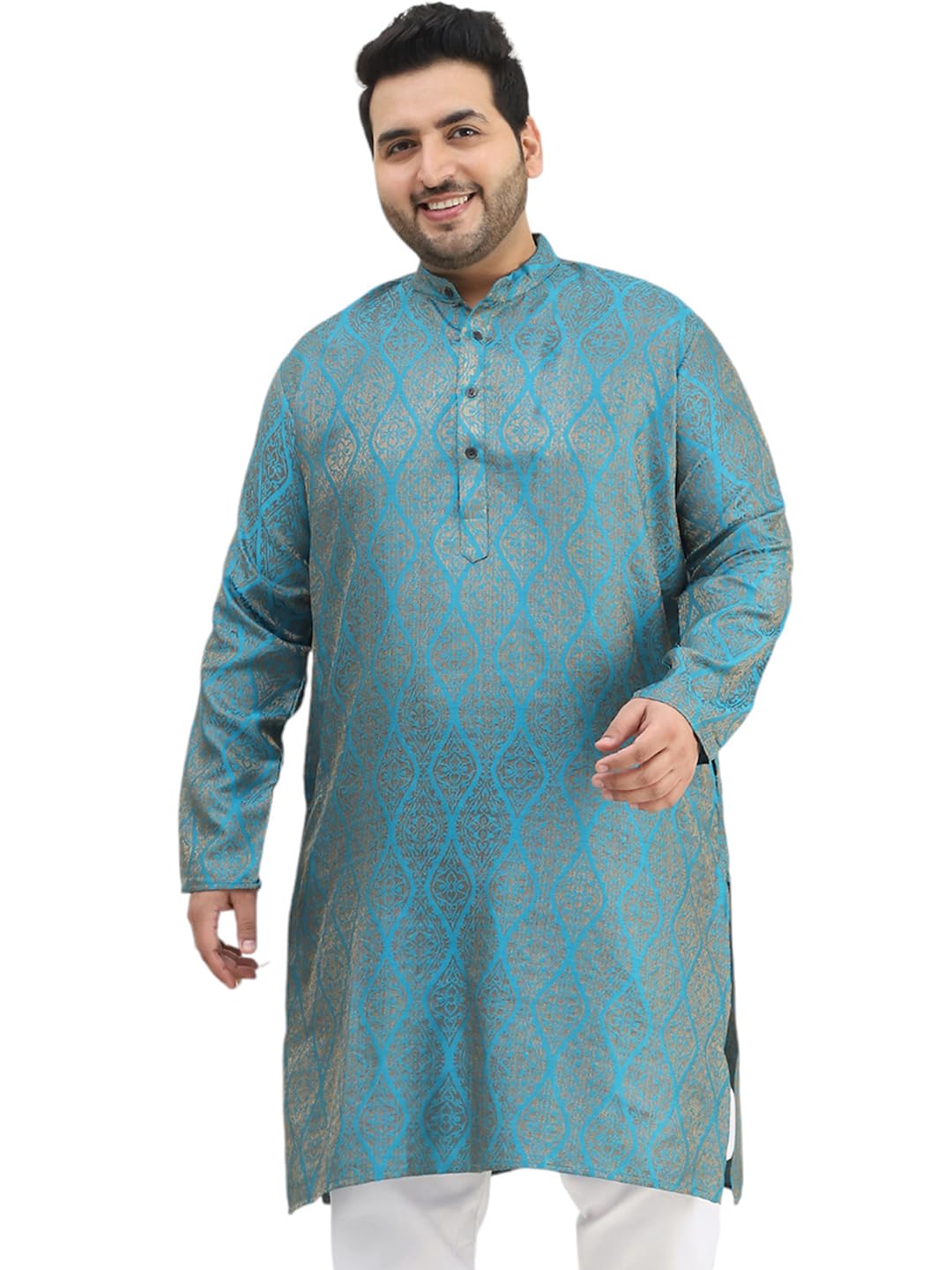 Sojanya Plus (Since 1958) Men's Jacquard Silk Teal Blue & Gold Only Long Kurta