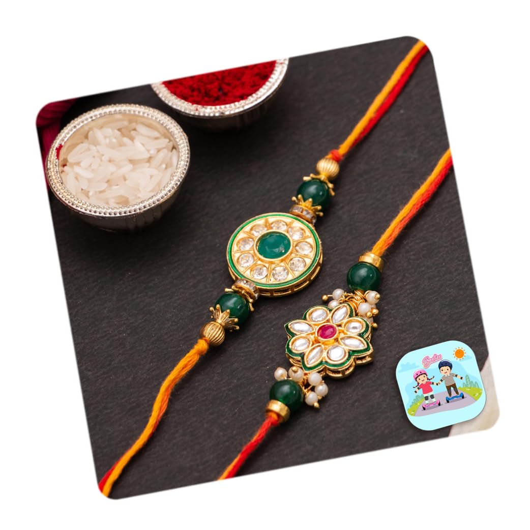 CraftVatika Rakhi for Brother Set of 2 Floral Kundan Rakhi for Bhaiya Bhai Boy Raksha Bandhan Designer Rakhi Meenakari Rakhi-picture-1