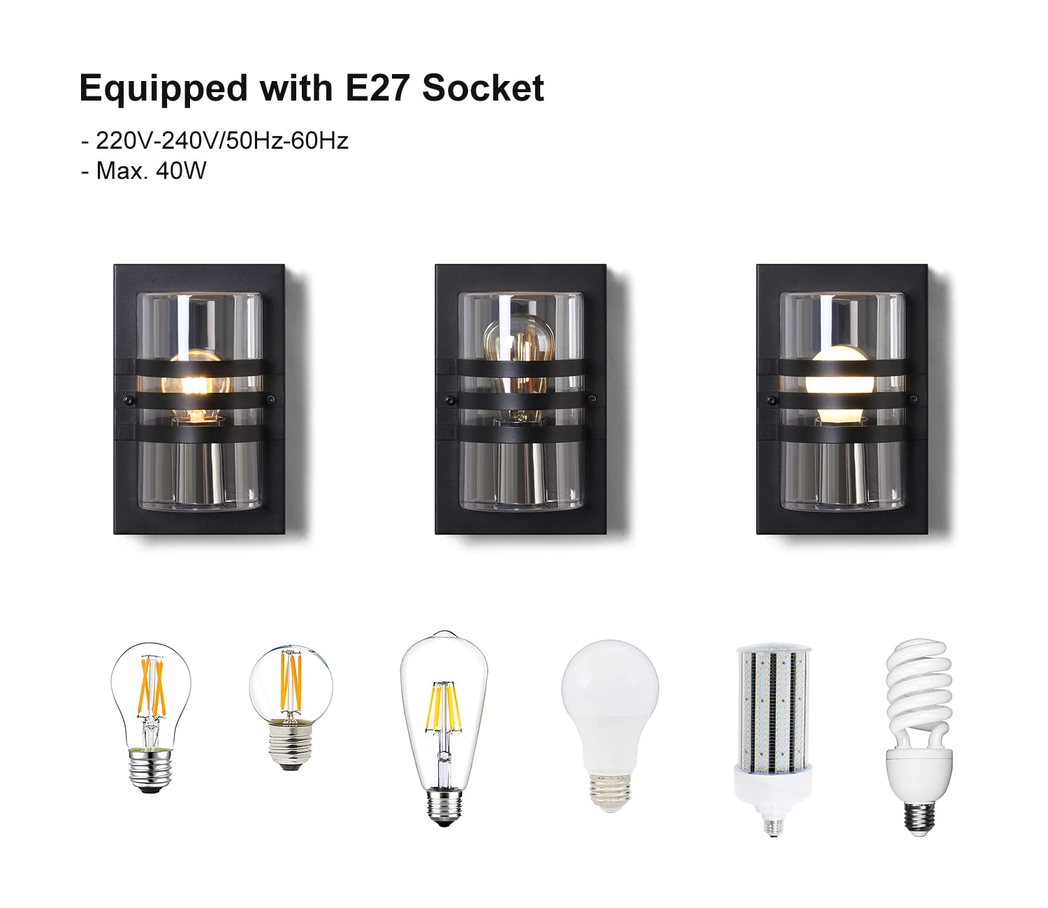 DAWALIGHT Lampada da Parete E27, IP44 Impermeabili Applique da Muro Esterno Industrial con Paralume Plastica HD, Luci Esterne da Parete per Giardino Corridoio Soggiorno, Acciaio inossidabile, Nero