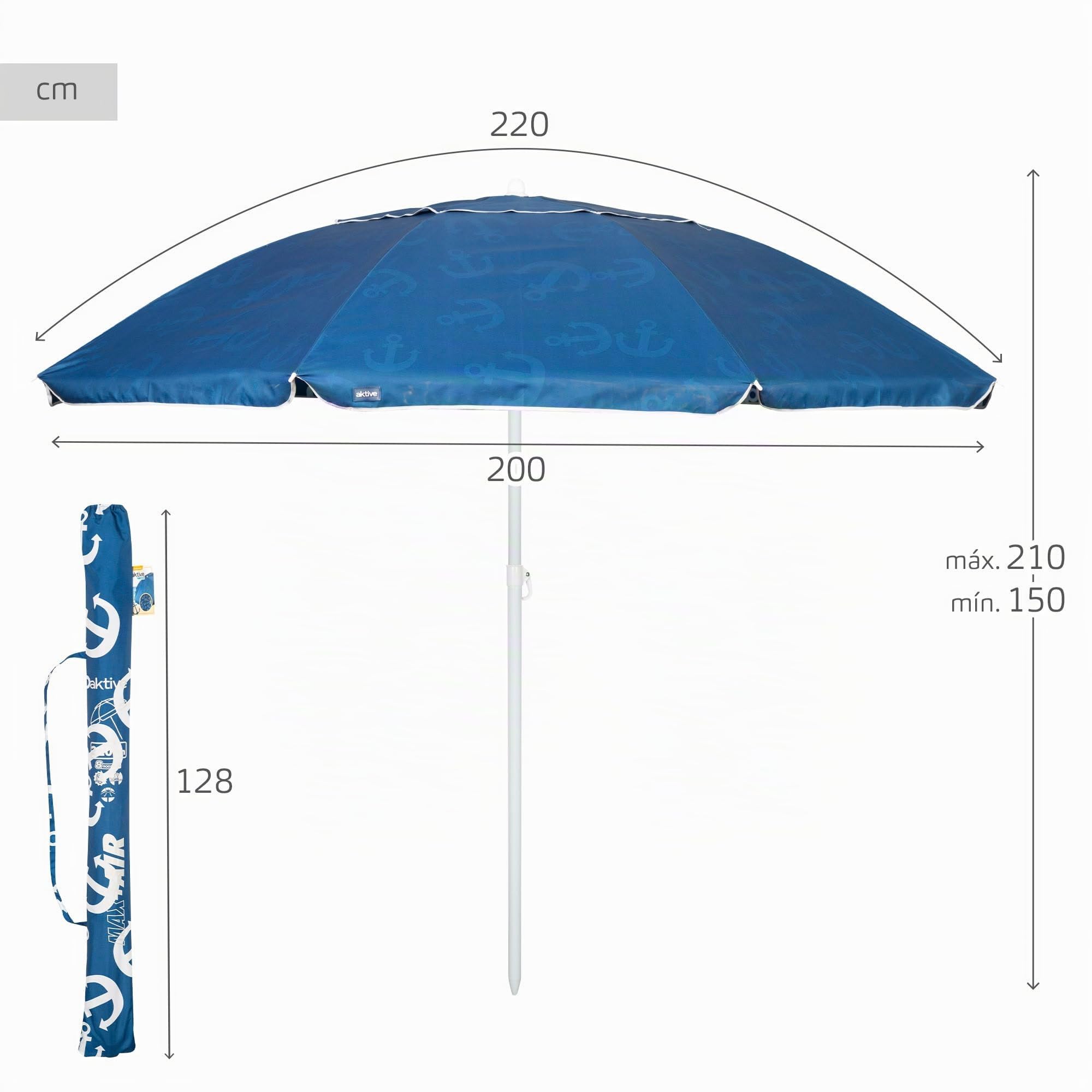 AKTIVE Sombrilla de playa 220 cm azul con estampado anclas, mástil de acero inclinable y ventilación superior, ligera y resistente al viento, protección solar UV30 y bolsa de transporte (62426)