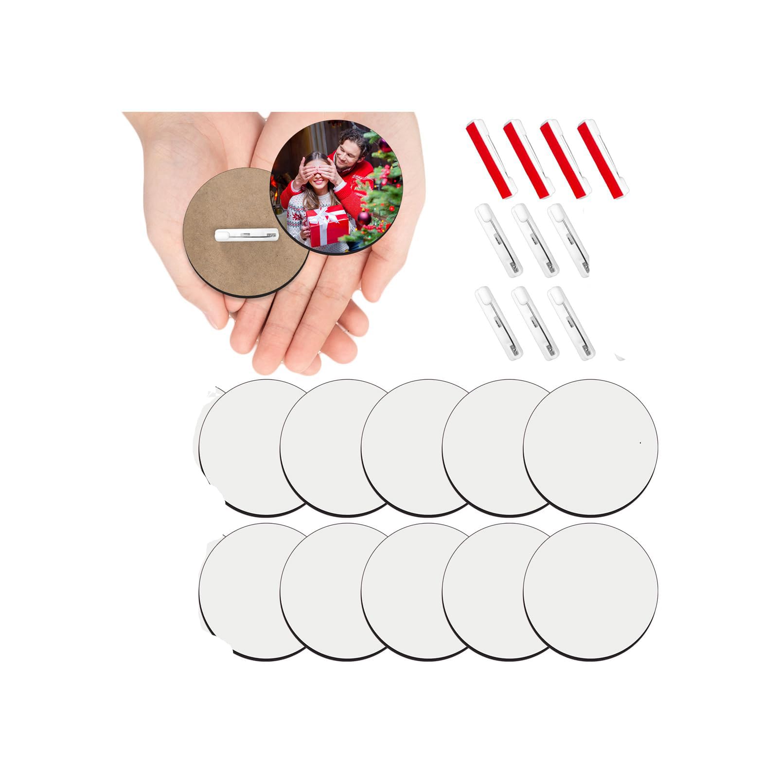 10-Pack 3 Inch MDF Sublimation Button Blanks - DIY Pin Badges for Name Tags, Crafts & School Projects (Heat Transfer Ready, Includes Pins)