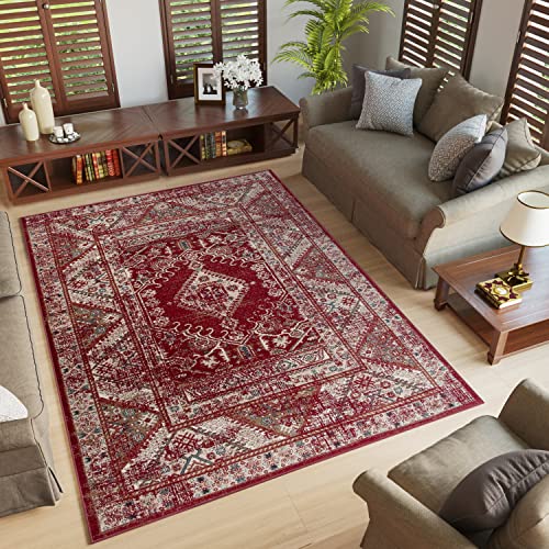 TAPISO Dubai Tapis Poil Court Traditionnel Rouge Beige Motif Vitre Ornamental Bordure Moucheté Tapis Salon Chambre Salle à Manger Bureau Oeko-TEX Résistant...