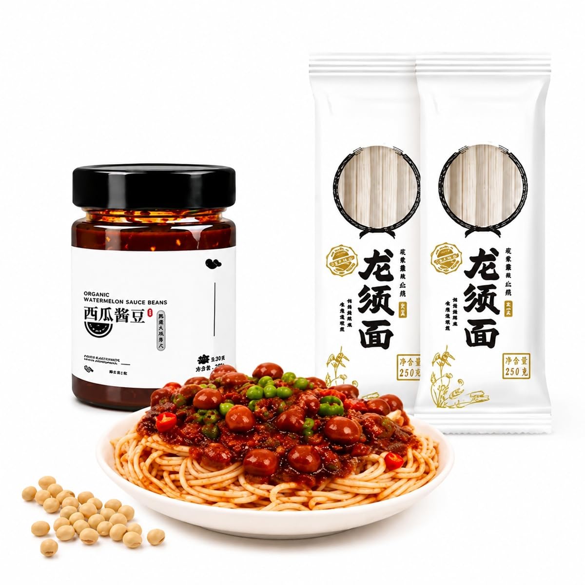 Kit Vermicelli All'Iñame E Salsa Di Soia All'Anguria, 250g Spaghetti Fini Con 320g Salsa Cotta A Mano Per Condimento(2pcs)
