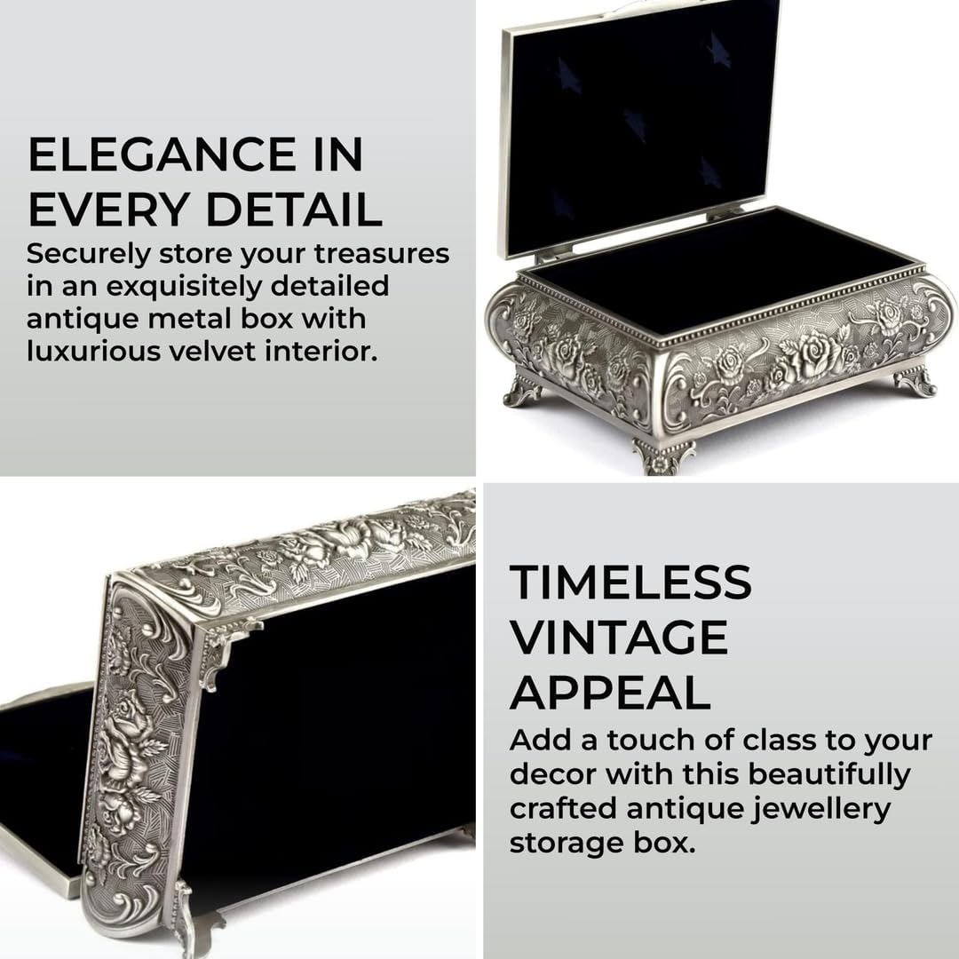 H&S Antique Metal Jewelry Box for Storage – Floral Vintage Organizer for Jewelry, Necklaces & Rings – Silver Trinket Box with Authentic Treasure Chest Design for Women - Vintage Chest