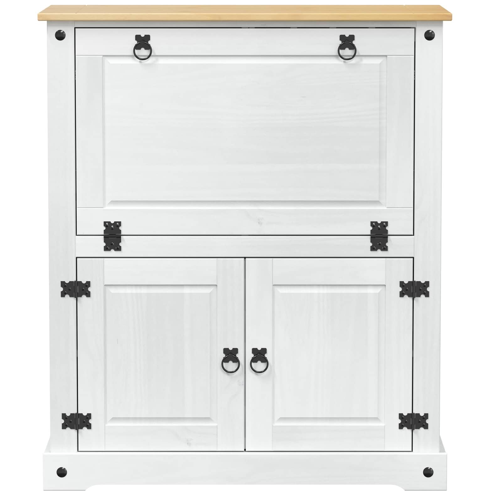 Szafka na wino biała z litego drewna sosnowego, 97 x 45 x 114 cm, z dużą ilością miejsca do przechowywania, rustykalnym urokiem, matową powierzchnią do salonu, jadalni i baru domowego