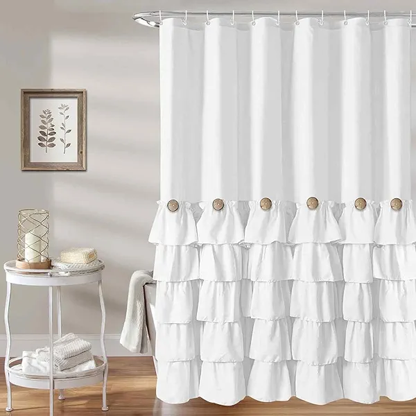 Seasonwood White Ruffle Shower Curtain Farmhouse Shower Curtain 72 X 72inch Vintage Shower Curtains with Buttons & White Ruffles for Bathroom Bathtubs Decor Accessory