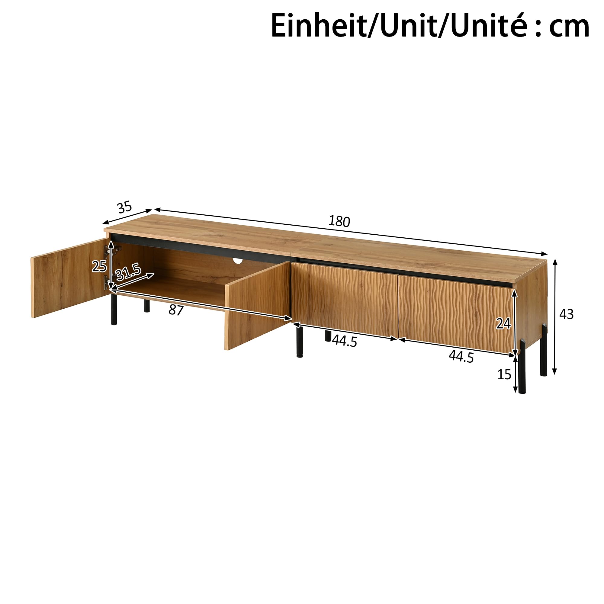 HAINEW HD26062302 szafka pod telewizor z 4 drzwiami i czarnymi metalowymi nogami, 180 x 35 x 43 cm, kolor naturalny, HD26062302