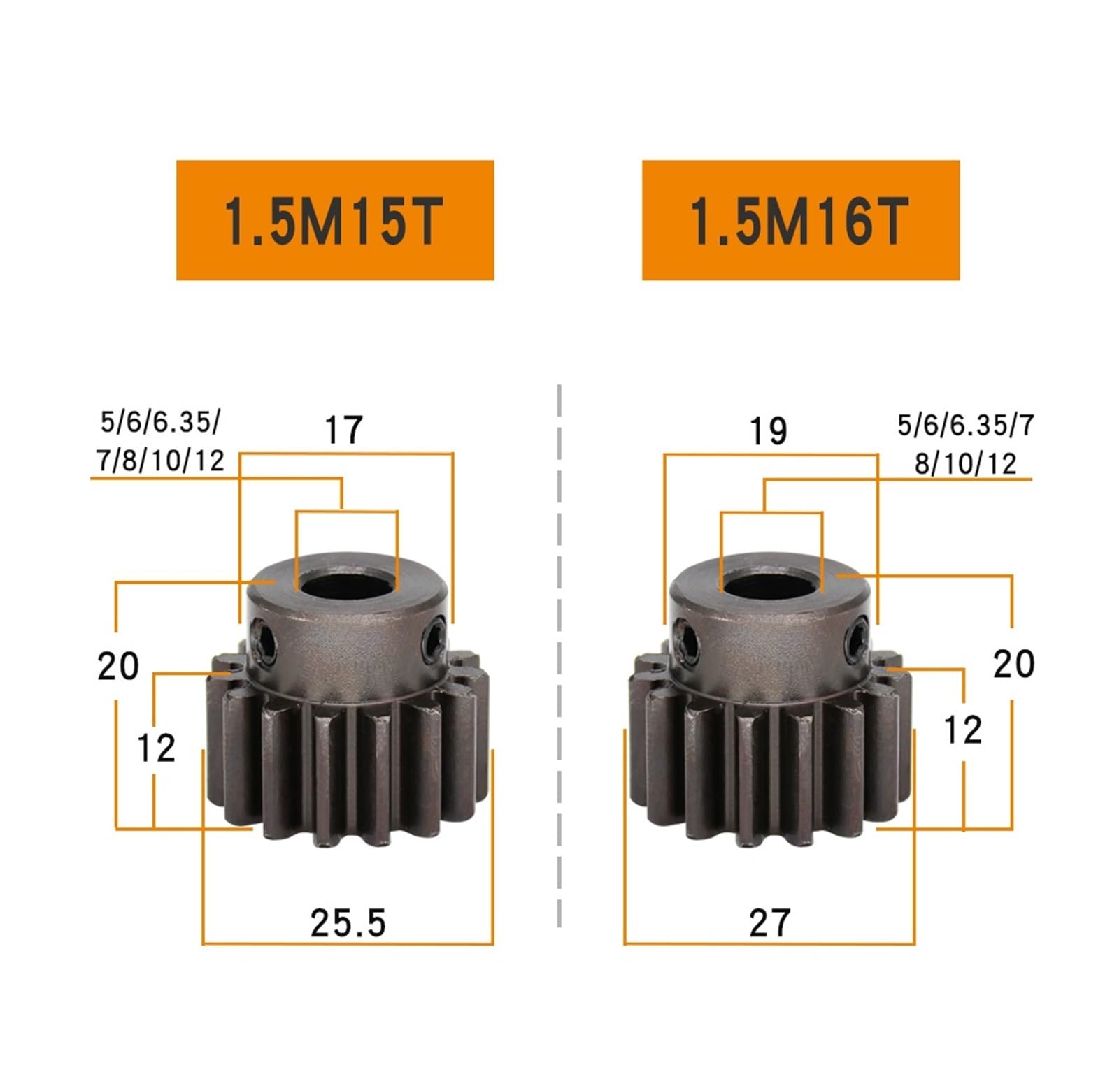 Bevel Gear Pinion Hardware Mechanical Spur Gear 1.5M-15T/16T Carbon Steel Gear Inner Bore 5/6/6.35/7/8/10/12mm(5 mm-1.5M15T)
