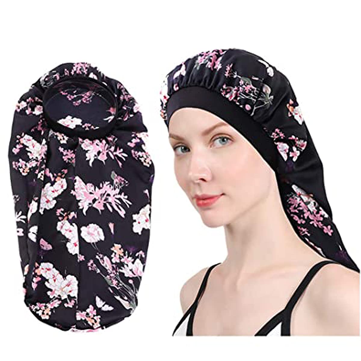 KASTWAVE Extra Long Silky Satin Bonnet Sleep Cap Long Bonnet Cap for Braids Hair Loose Cap (Black Flowers)
