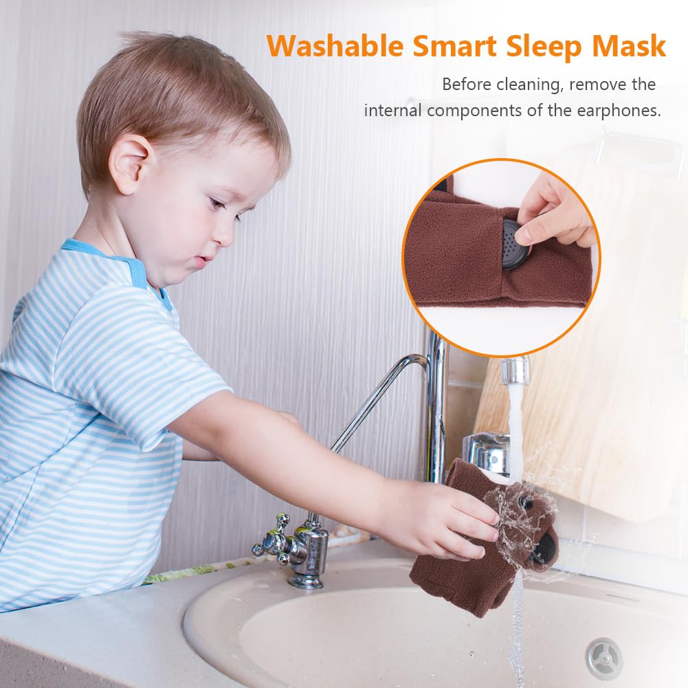 OFFCUP Masque de Nuit Enfant, 100% Occultant Masque de Sommeil, Bandeau Bluetooth Mignon, Doux et Confortable pour Dormir Masques pour les Yeux, Casque de Sommeil sans Fil pour Homme Femme -Ours