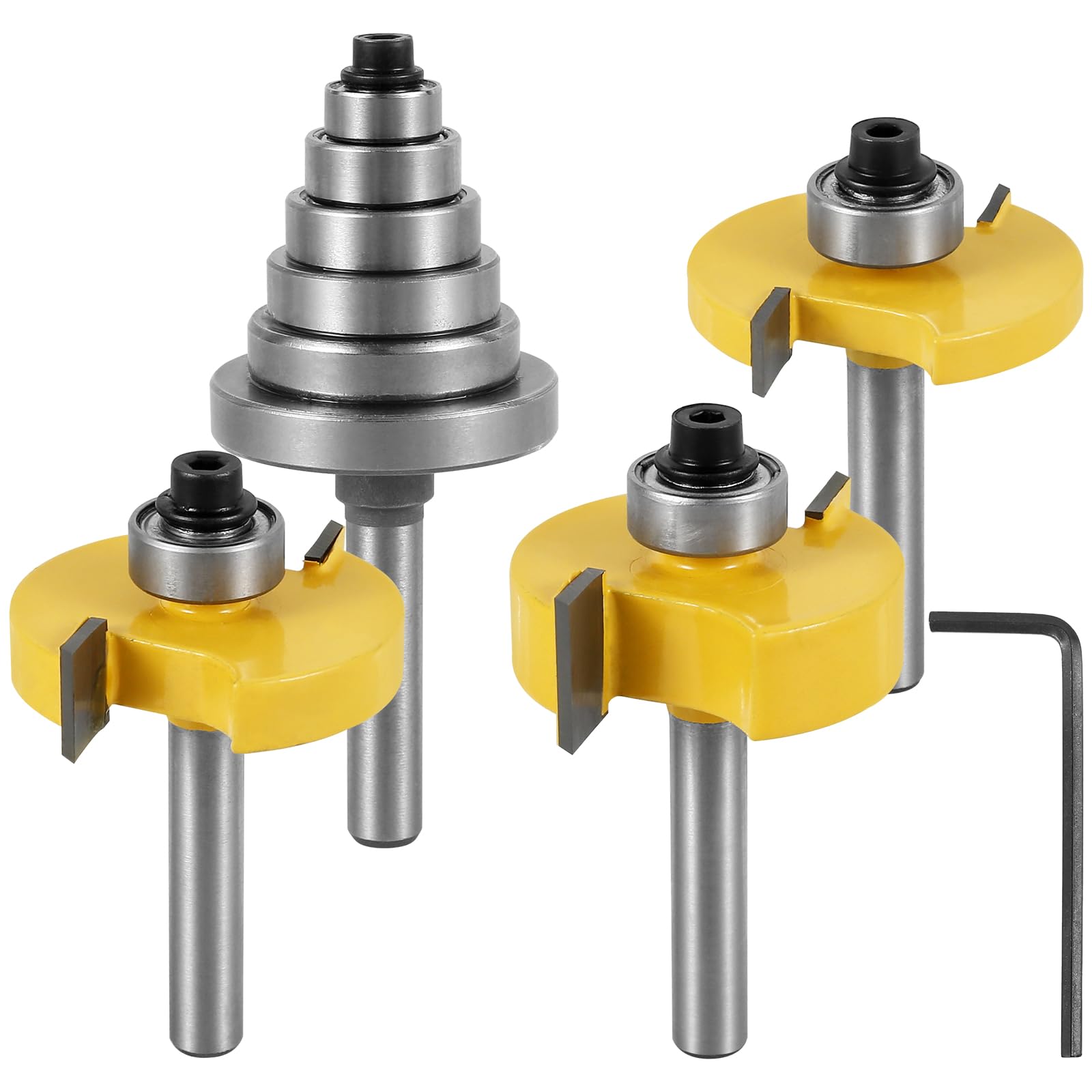 MENIBBLER 3Pcs 1/4 Inch Shank Rabbet Router Bit Set, Carbide Wood Rabbeting Router Bit with 6 Interchangeable Bearings Professional Woodworking Milling Cutter Tool for Wood MDF Plywood