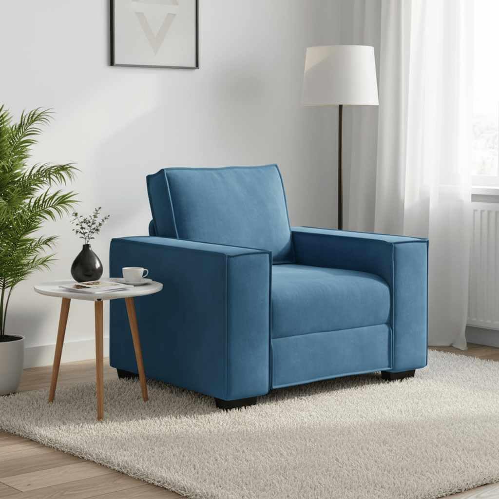 Aksamitny fotel niebieski, szerokość 60 cm, wygodny fotel tapicerowany z wytrzymałej ramy z drewna i metalu, idealny do salonu, biura, pokoju gościnnego, miękka sofa, 99 x 78 x 84 cm
