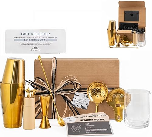 A Bar Above Juego de regalo de 22 piezas y tarjeta de curso de Barmending Basics Accesorios de bar profesionales para aprender a hacer cócteles en