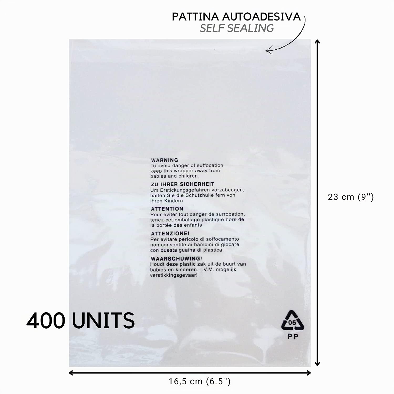 Sacchetti bustine plastica trasparente autosigillanti, in polipropilene, per confezionamento logistica FBA | 400 pezzi | Avvertenza anti soffocamento in 5 lingue (16,5 x 23cm (6.5 x 9''), 400)