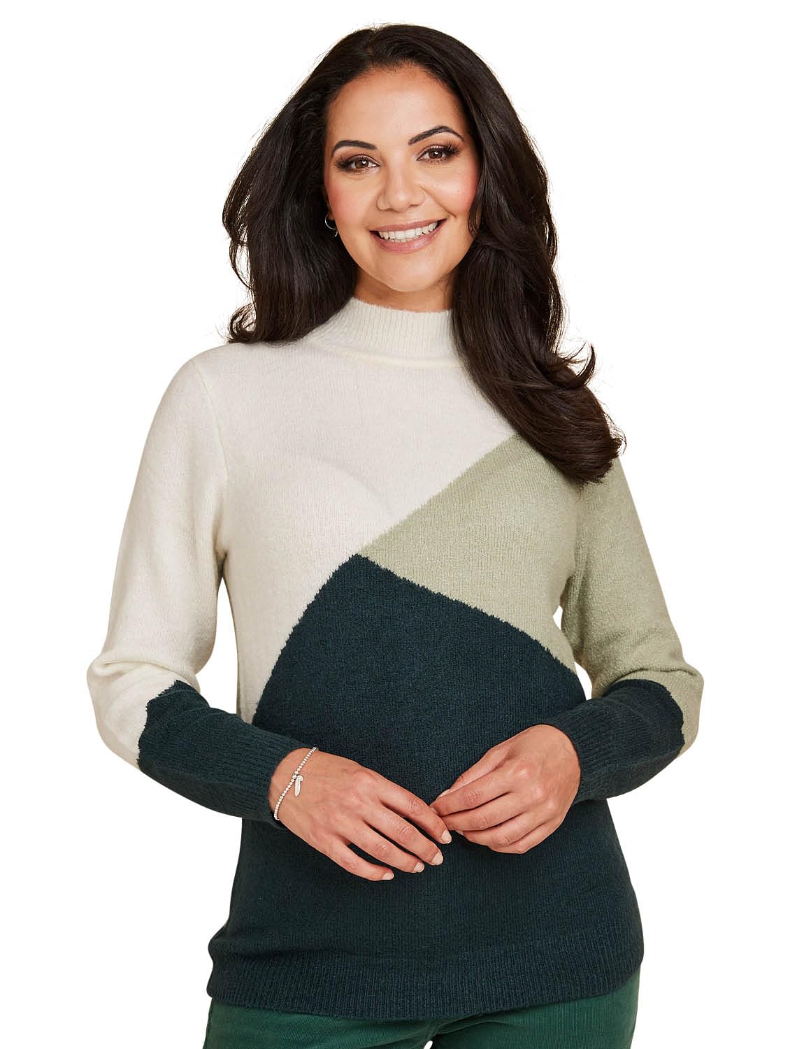 Amber Ladies Colour Block Turtle Neck Jumper with Long Sleeves & Stretch Knit Soft Green 10
