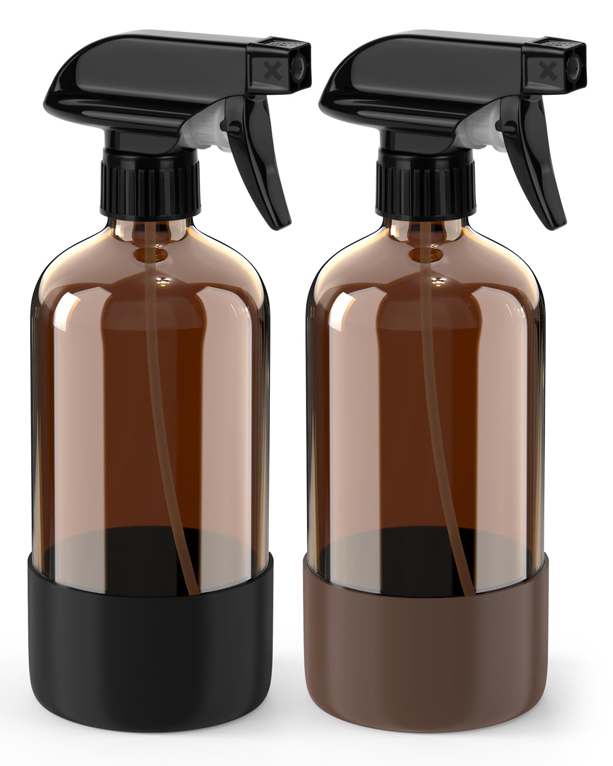 Glass Spray Bottle with Silicone Sleeve Protection, Amber Glass Spray Bottle Set for Non-toxic Window Cleaner Aromatherapy Facial Hydration Watering Flowers Hair Care 2 Pack/16 oz (Black & Brown)