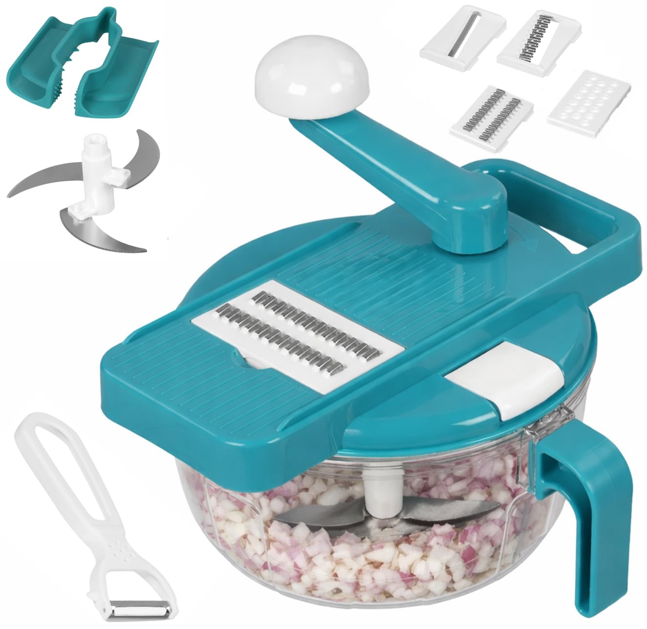 THEONA 2 in 1 Vegetable Chopper with Grater, Slicer & Peeler | Manual Rotary Food Chopper with Container | Stainless Steel Blades for Onion, Carrot & Salad-image-12
