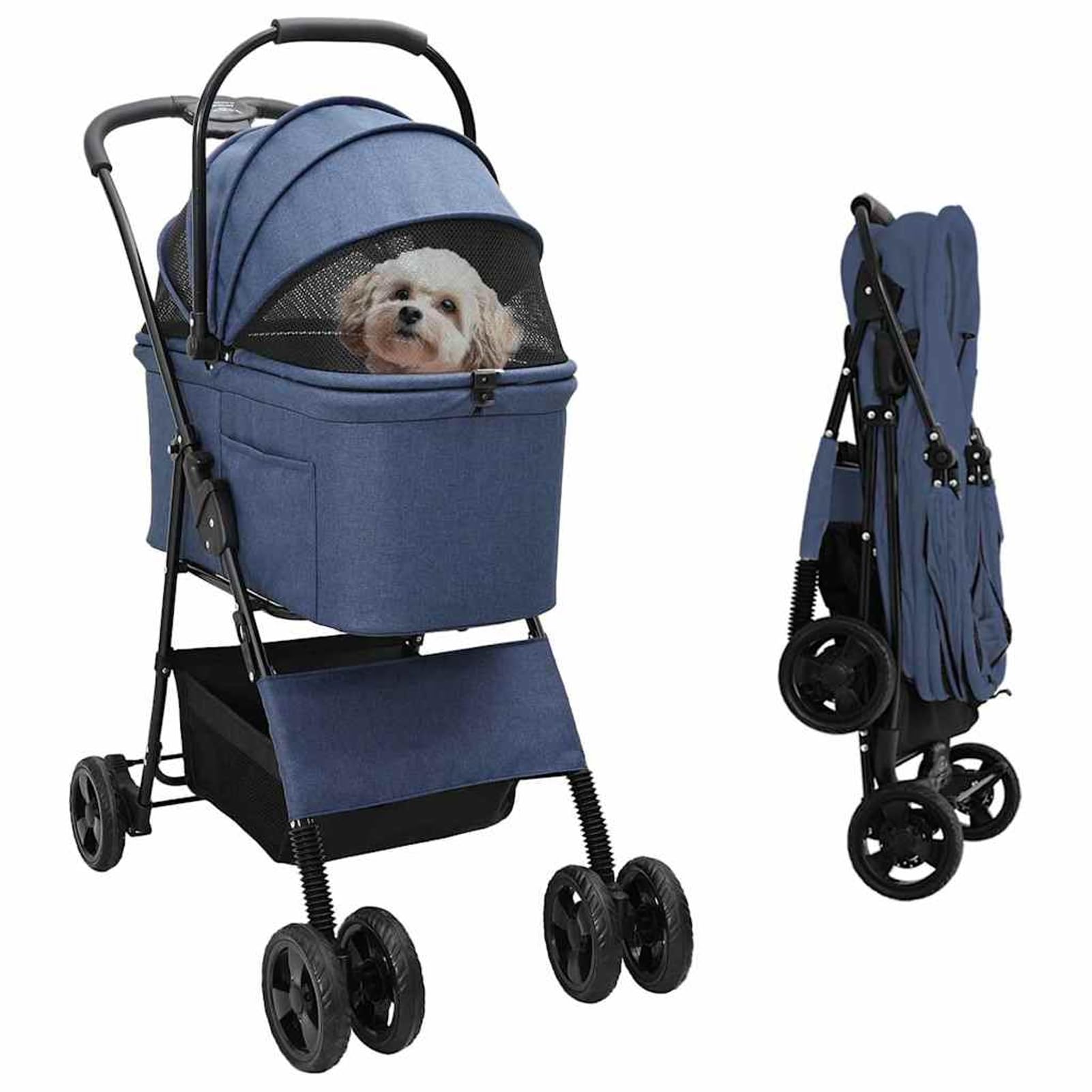 Passeggino per Animali Domestici Pieghevole, Blu, Poliestere, Telaio Acciaio, Ruote Anteriori Girevoli, Peso Max 25 kg, Tasche Laterali, Cestino Inferiore, Chiusura a Pedale