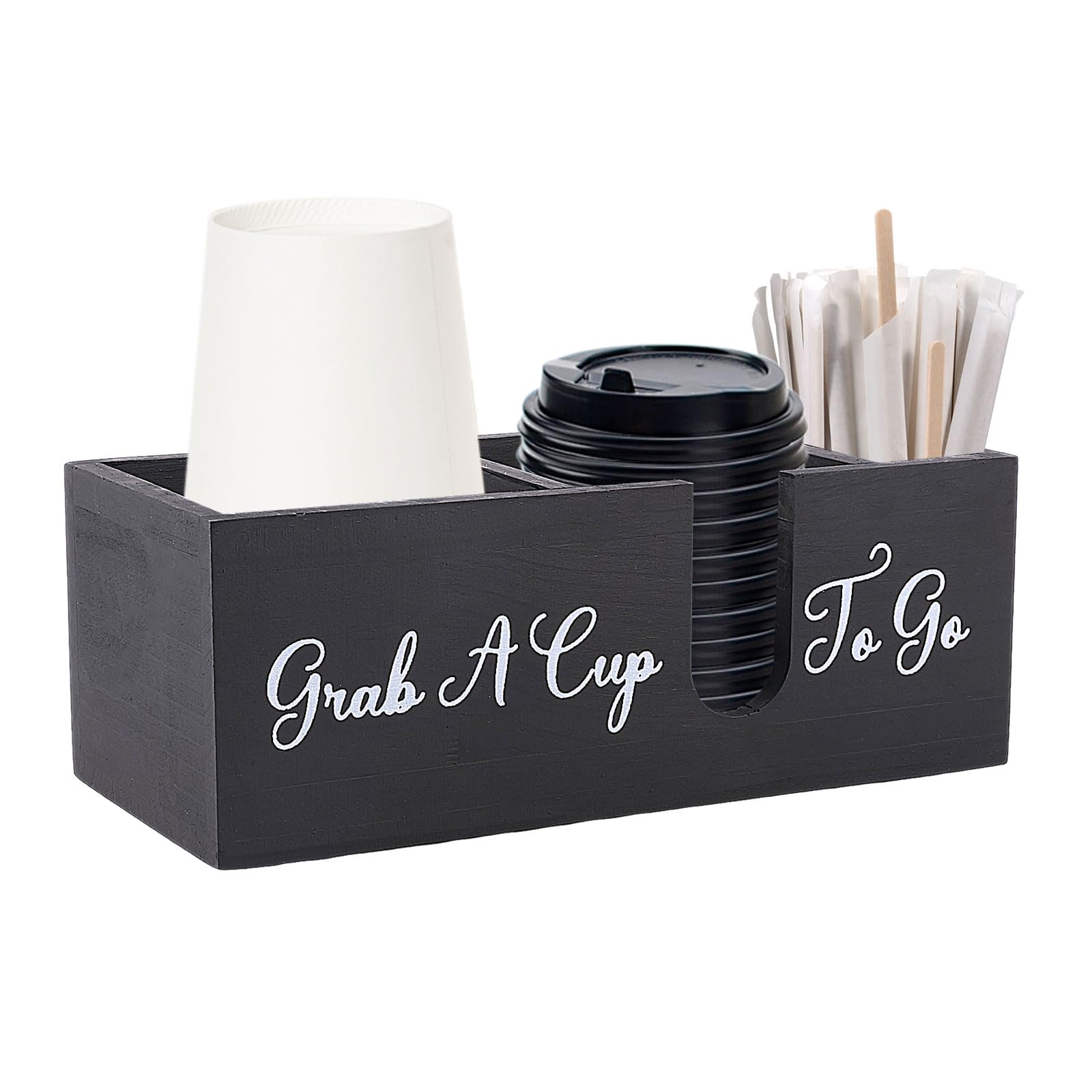 NZWBSHSSP Coffee Cup and Lid Holder for Countertop Wood Coffee Bar Accessories 3 Compartment Disposable Cups Dispenser Coffe Station Organizer for Cups Lid Stirrers Pod Wooden Counter Storage Box