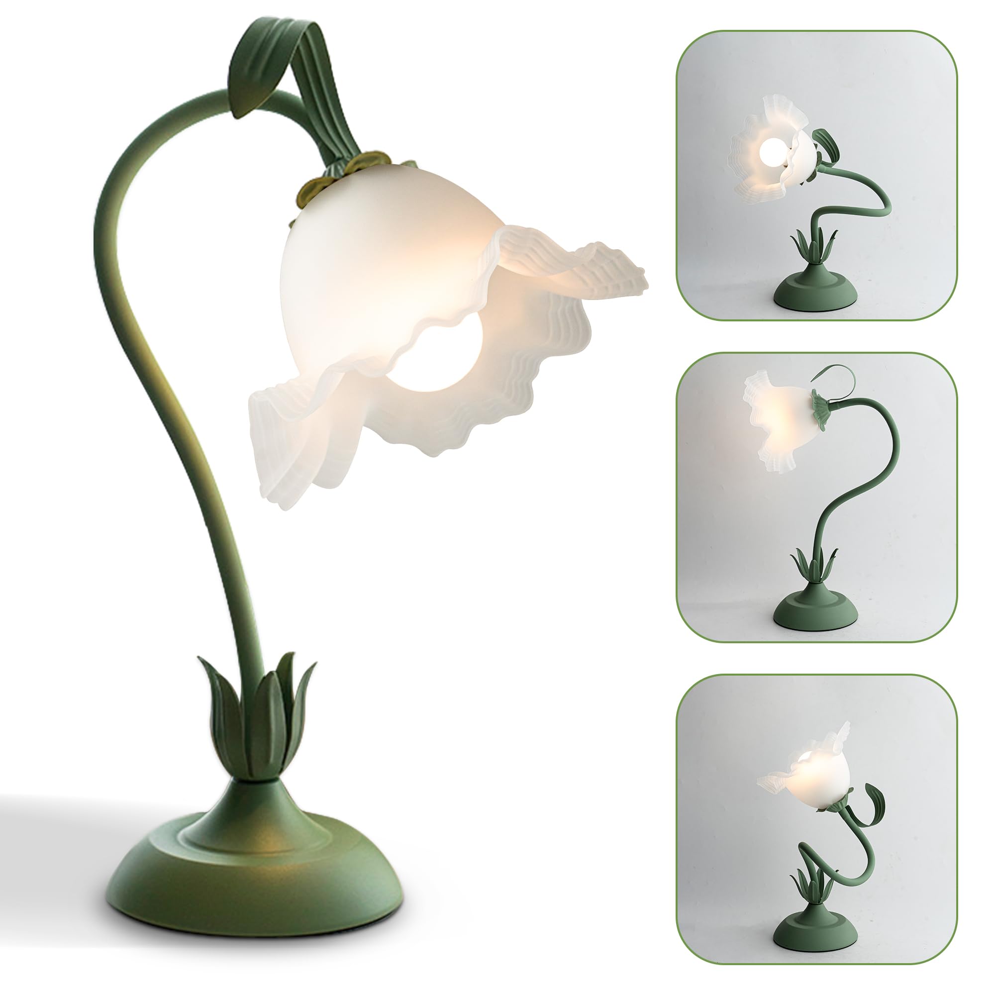 WLHBF Blume Tischlampe,LED Leselampe Bett,Vintage Grün Blumenlampe,3 Farbmodi,360° Flexibler Gänsehalsleuchte Nachttischlampe,Geeignet für Schlafzimmer,Wohnzimmer,Büro,Wohnkultur