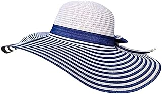 Blue White Stripe Floppy Straw Foldable Sun Beach Hat for Women Wide Brim Navy Style Essential Sunhat Visor Hat UV Protection